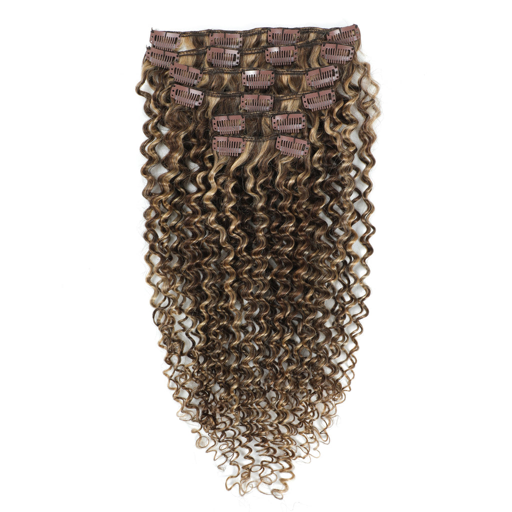 Curly Hair Clip In Human Hair Extensions 3C #4/27 Chestnut Brown & Bronzed Blonde Mix