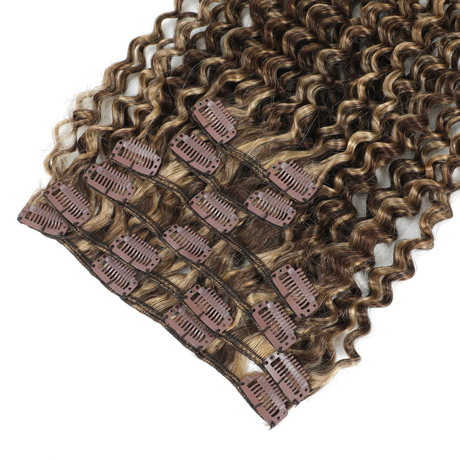 Curly Hair Clip In Human Hair Extensions 3C #4/27 Chestnut Brown & Bronzed Blonde Mix